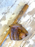 Leather baseball mitt, bat & ball