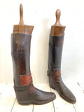 Pair of antique riding boots & wooden boot lasts