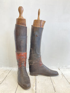 Pair of antique riding boots & wooden boot lasts