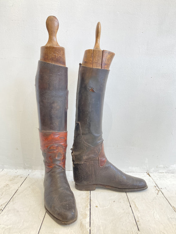 Pair of antique riding boots & wooden boot lasts