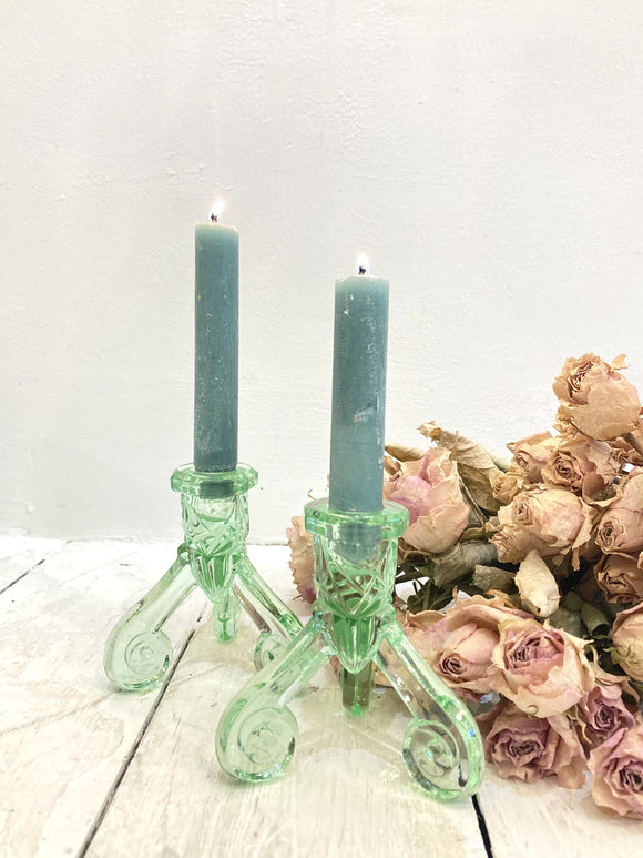 Pair of vintage French green glass candlesticks