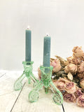 Pair of vintage French green glass candlesticks