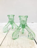 Pair of vintage French green glass candlesticks