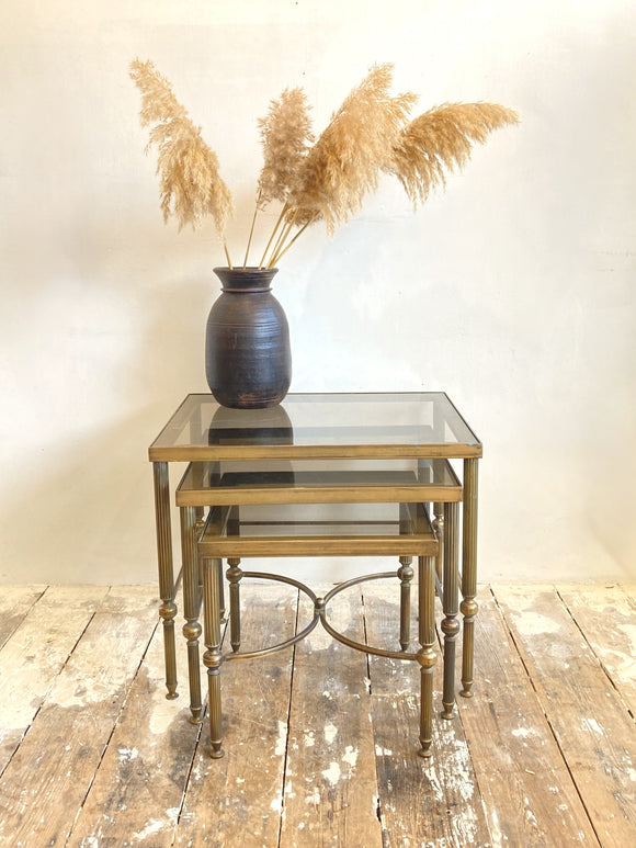 Vintage brass & smoked glass nest of tables