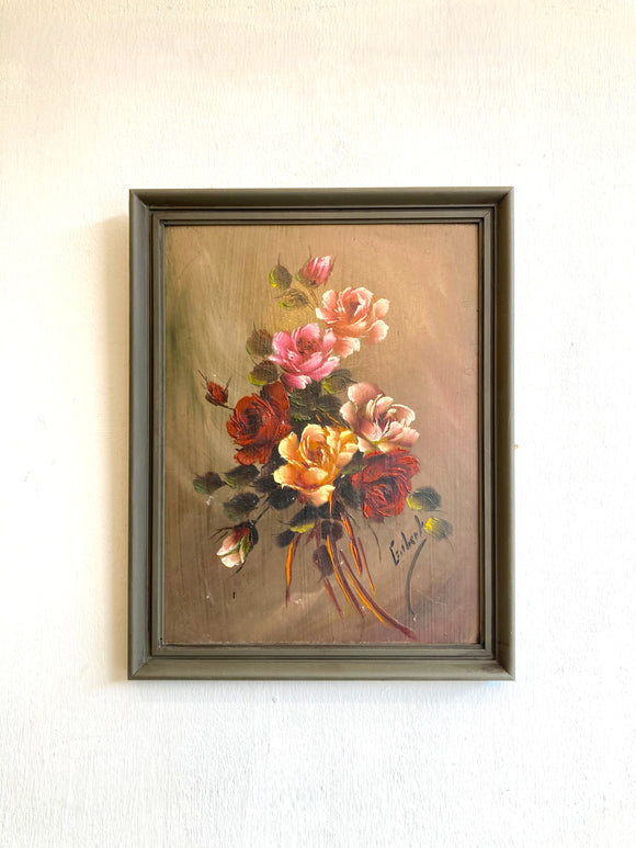 Framed floral oil on board
